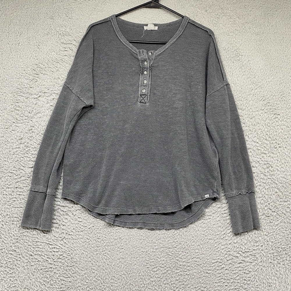 Billabong Thermal Henley Top Womens Medium Gray Long Sleeve Textured Grunge